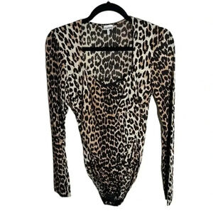 Ganni Leopard Silky Long Sleeve Bodysuit Size Medium